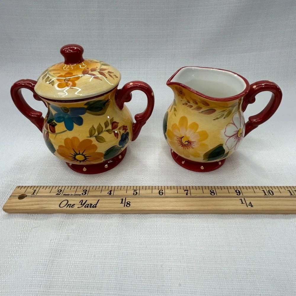 Oneida Sunset Bouquet Creamer & Sugar Bowl Set Yellow Red Floral Hand Painted